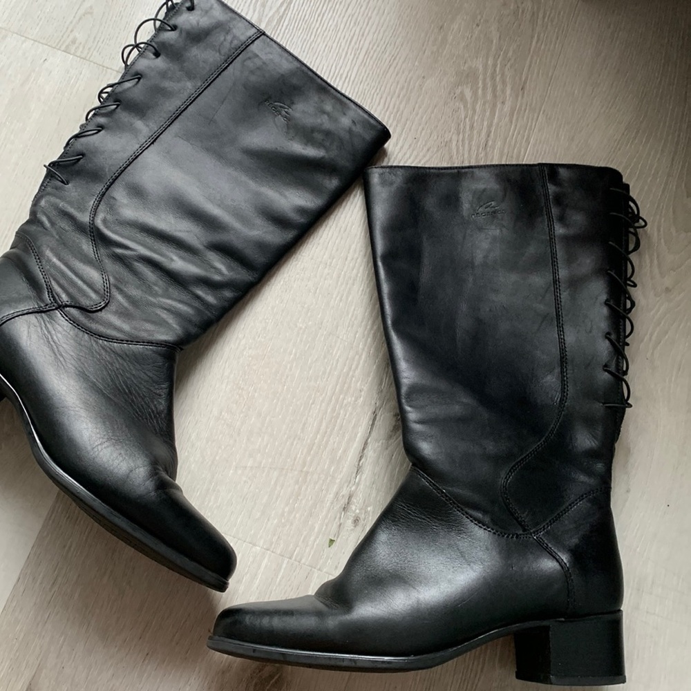 Size 9 1/2 B.Regence Black Leather Boots Made In Canada lace‎ up wide zipper